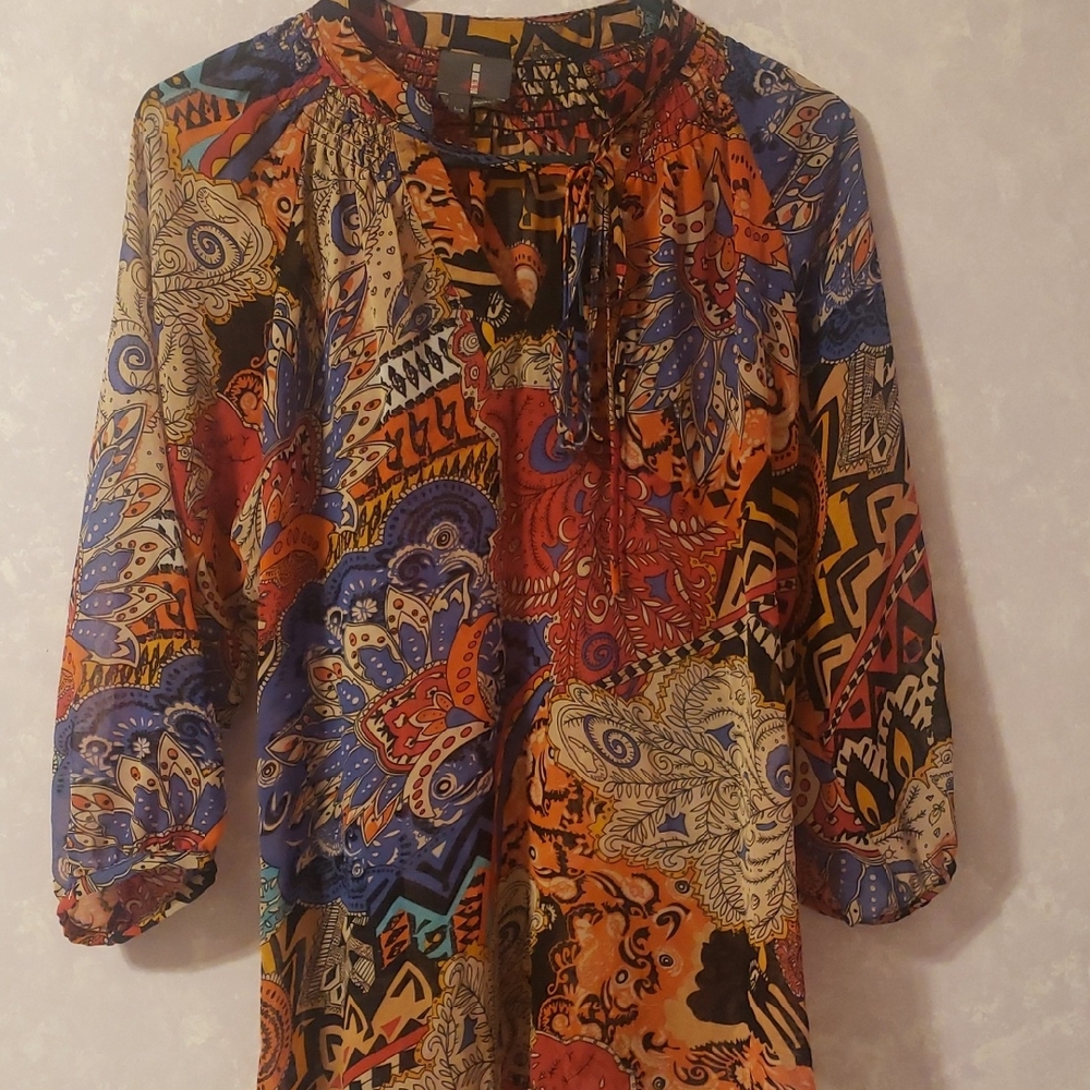 Jeans By Baffalo Vibrant Multicolor Sheer  Blouse 3/4 Sleeve